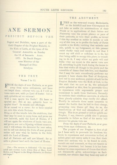 South Leith Sermon 1571 preached before the Regeant
